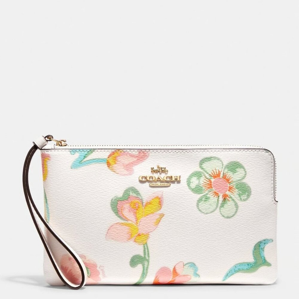 Coach Large Corner Zip Wristlet Dreamy Land Floral Handbag White Pink Bag NEW